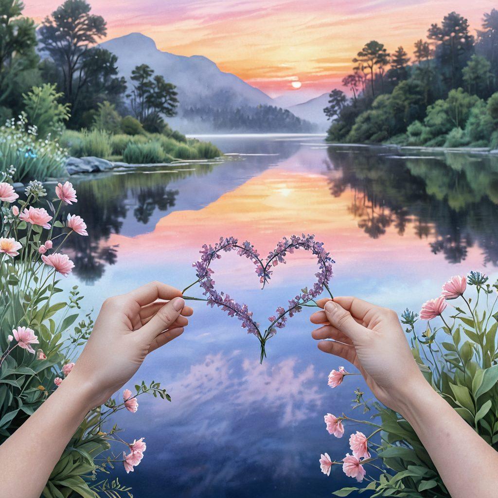 A serene landscape bathed in the soft glow of dawn, symbolizing renewal and hope. Include two intertwined hearts made of blooming flowers, surrounded by warm hues and gentle sunlight. In the background, a tranquil river reflects the colors of a pastel sky, embodying love's journey. Add a pair of hands tenderly nurturing a young plant, representing devotion and growth. watercolor painting. soft pastels. dreamy atmosphere.