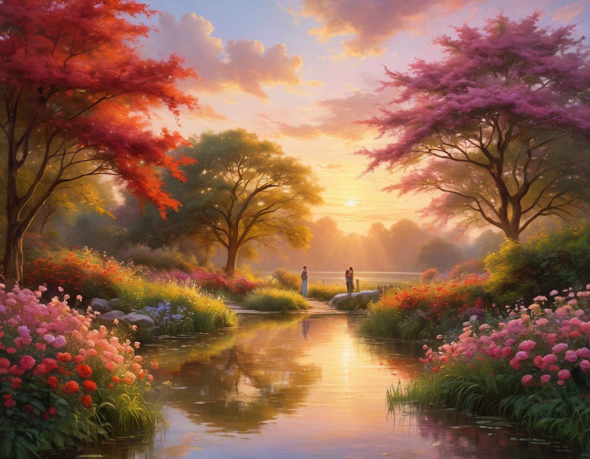 A serene sunrise casting warm golden hues over a blossoming garden, symbolizing fresh beginnings in romance. A couple, gently holding hands, stands amidst vibrant flowers, their faces illuminated with hope and intimacy. Soft, dreamy clouds float in the background, enhancing the sense of tranquility. Include subtle elements like a light breeze creating ripples in the nearby water for added depth. painting. vibrant colors. soft focus.
