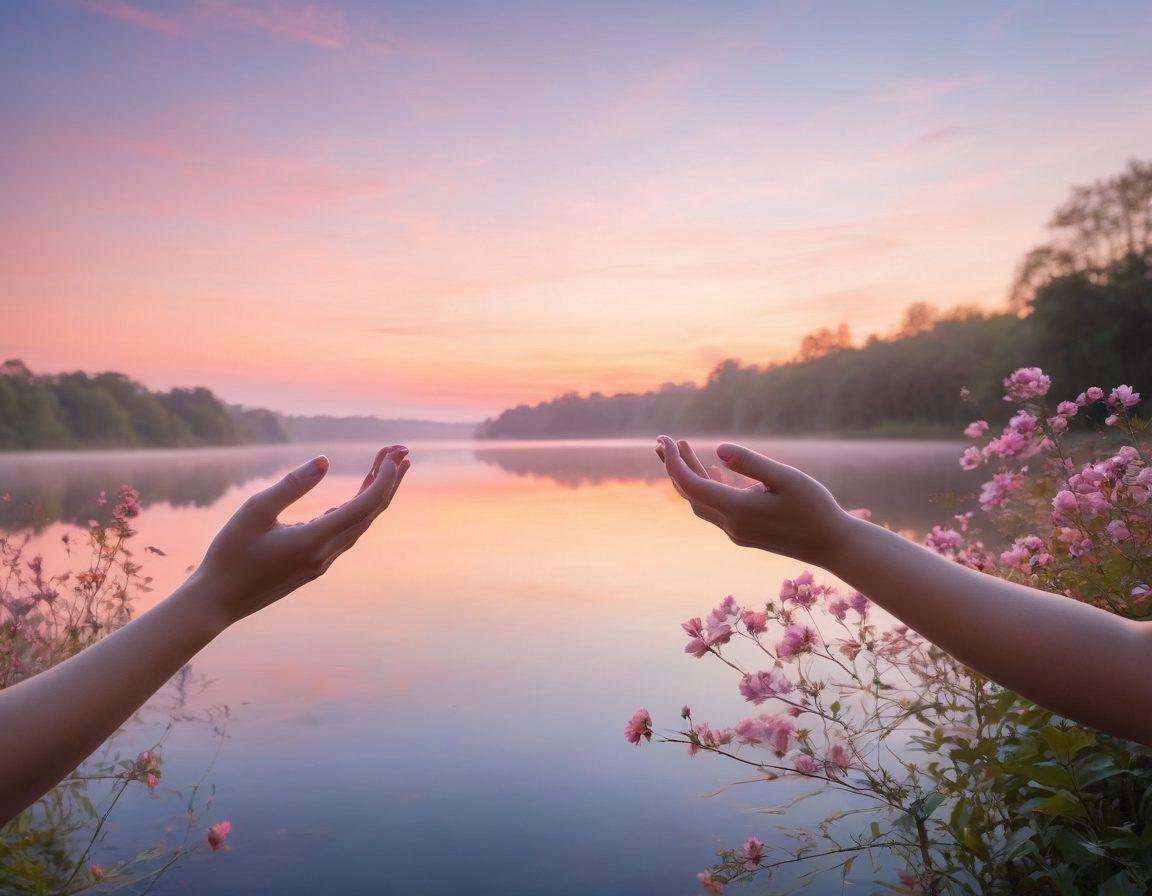 A serene scene of a sunrise over a tranquil lake, symbolizing new beginnings, with soft pink and orange hues blending into a blue sky. In the foreground, silhouettes of two hands reaching towards each other, surrounded by blooming flowers representing love and romance. The atmosphere is warm and inviting, evoking a sense of hope and emotional awakening. soft focus. pastel colors. dreamy style.